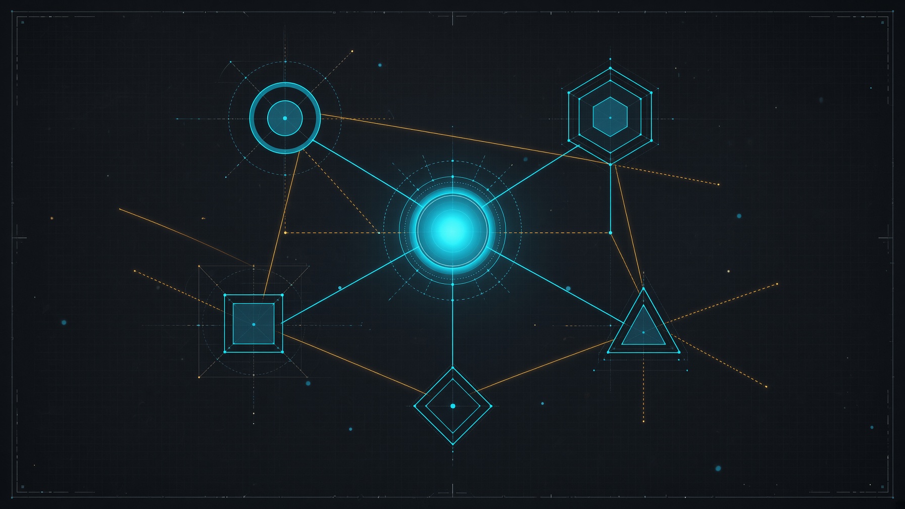 Dark blueprint of a central core linked to five geometric nodes